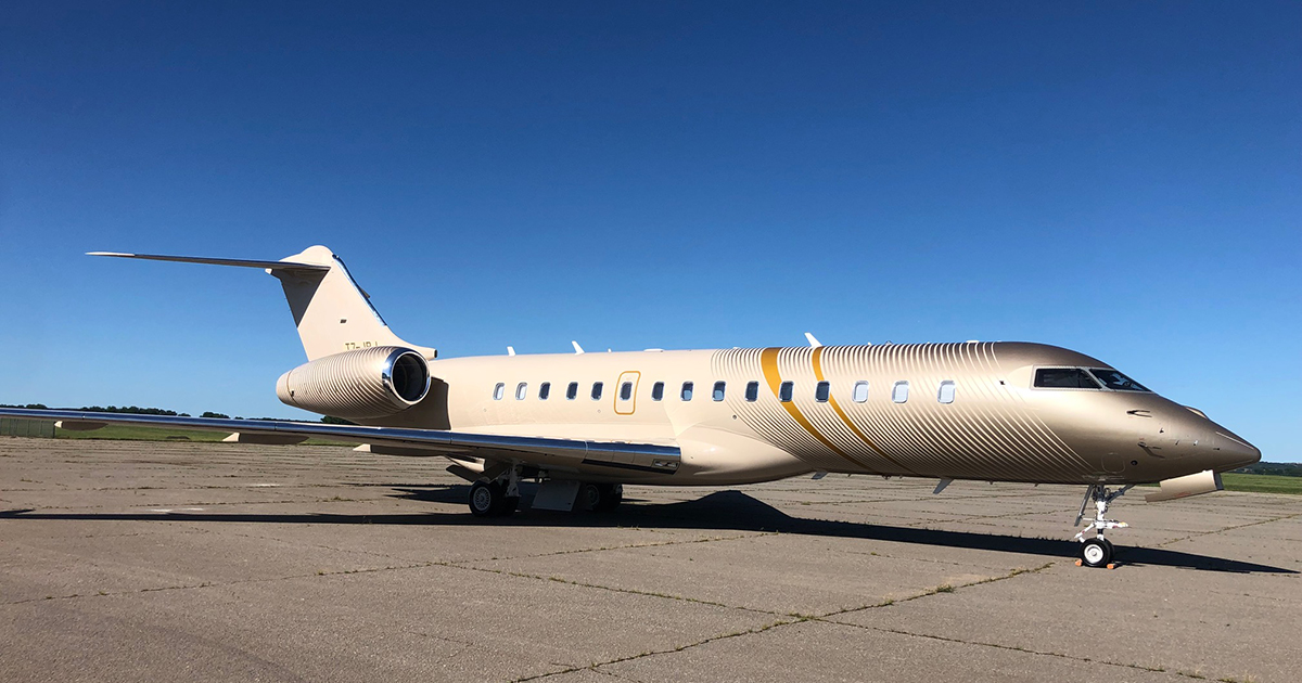 A newly painted aircraft sits on the tarmac.